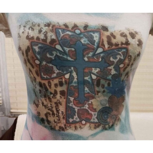 Women Top Size Small White Tye Dye Cross Graphic Tee T-Shirt Religious - Picture 2 of 7